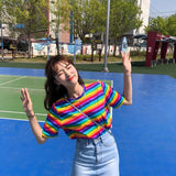 Rainbow Stripe Loose O Neck Shirt