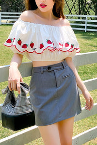 Strawberry Embroidery Ruffle Puff Sleeve Tops