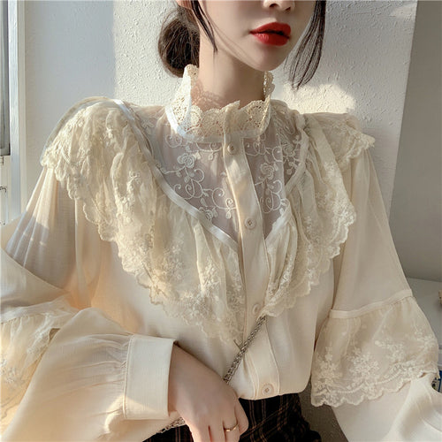 Loose High Neck Ruffled Lace Blouse Shirt