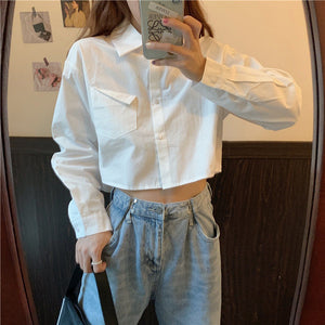 Long Sleeve Cute Basic Cropped Shirt