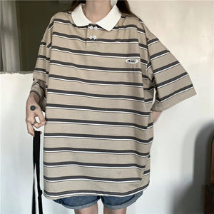 Loose Striped Colors Polo Collar Shirt