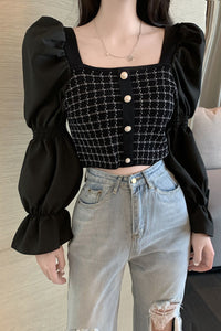 Long Sleeve Stitching Square Collar Blouse Shirt