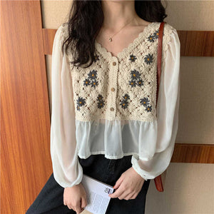 V-Neck Floral Knitted Stitching Chiffon Blouse Shirt