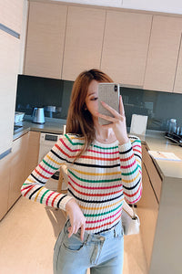 Long Sleeve Colorful Striped Slim O-Neck Sweater