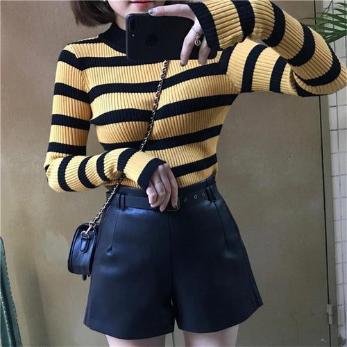 Vintage Striped Elastic O-Neck Sweater