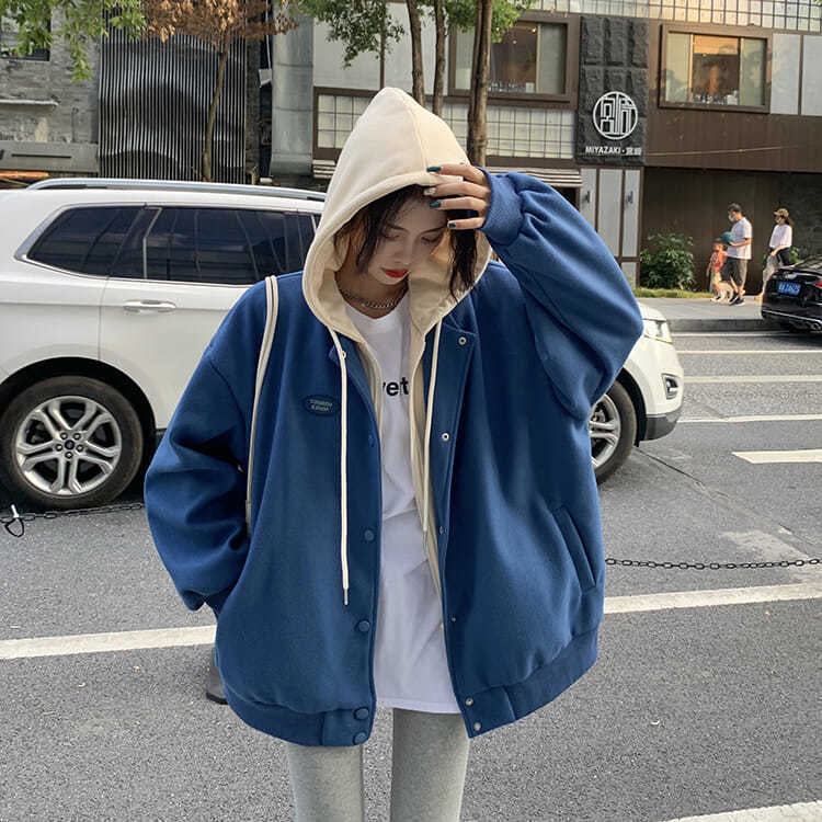 Loose Hooded Fake Two Pieces Simple Baseball Jackets