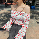Sexy Slash Neck Strawberry Pattern Puff Sleeve Shirt