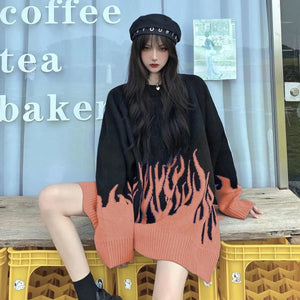 Loose O-Neck Flame Pattern Knitted Sweater