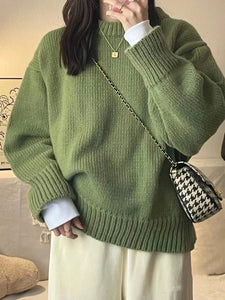 Green Basic Loose Knitted Crewneck Sweater