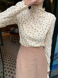 Long Sleeve Floral Pattern Turtleneck Ruffle Shirt