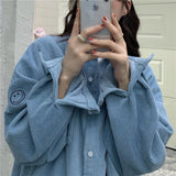 Smile Emoticon Pattern Long Sleeve Corduroy Blouse