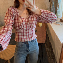 Long Sleeve Square Collar Plaid Ruffled Cropped Blouse