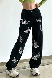 Casual Butterfly Printed Black Jeans Pants
