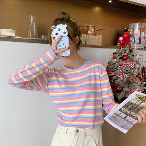 Long Sleeve Rainbow Striped O-Neck Shirt