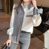 Long Sleeves Spliced Plaid Blouse Shirt