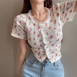 Flowers Printed Casual Knitted Slim Shirt