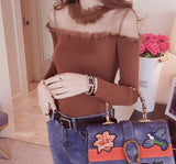 Sexy Mesh Ruffled Collar Knitted Slim Shirt