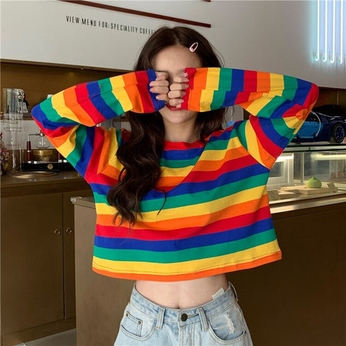 Long Sleeve Rainbow Striped Cropped Shirt