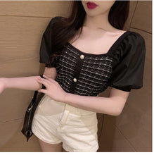 Short Sleeve Stitching Square Collar Blouse Shirt