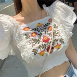 Elegant Flower Embroidery Cropped Flare Shirt