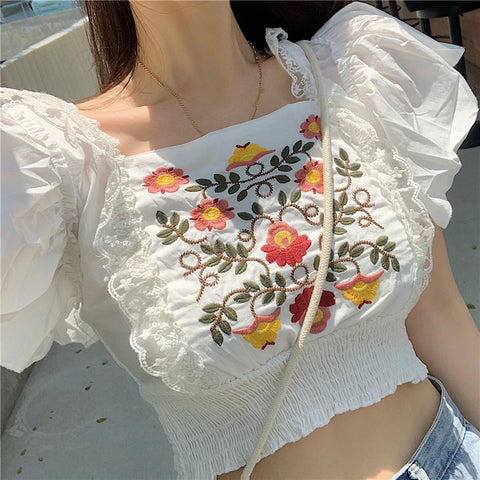 Elegant Flower Embroidery Cropped Flare Shirt