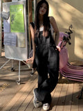 Loose Wide Leg Style Black Denim Jumpsuits