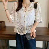 Short Sleeve Lace Transparent Sexy Shirt