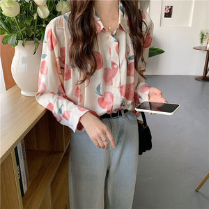 Retro Peach Pattern Printed Blouse Shirt