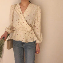 Heart Printed Slim Waist V-Neck Blouse