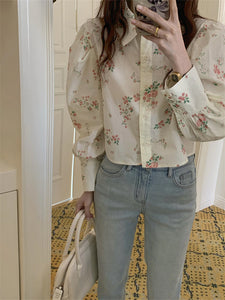 Vintage Florals Pattern Puff Sleeve Blouse Shirt