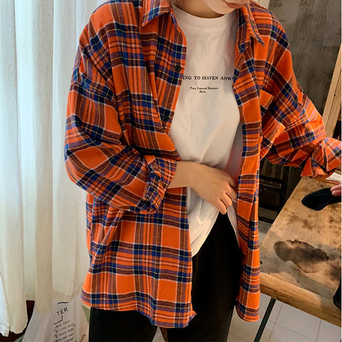 Loose Casual Orange Plaid Long Sleeve Shirt