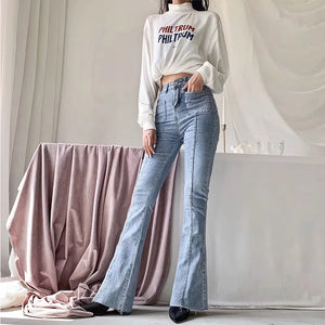 High Waist Rise Buttons Flared Jeans