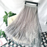 Floral Embroidery A Line Tulle Mesh Pleated Skirt