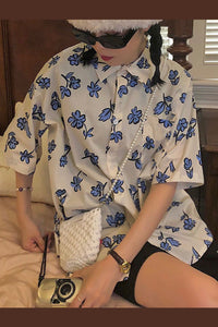 Blue Floral Printed Short Sleeve Shirt
