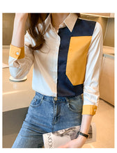 Half Color Block Satin Long Sleeve Blouse Shirt