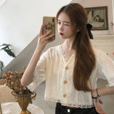 Short Sleeve V-Neck Lace Hollow Slim Shirt