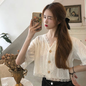 Short Sleeve V-Neck Lace Hollow Slim Shirt