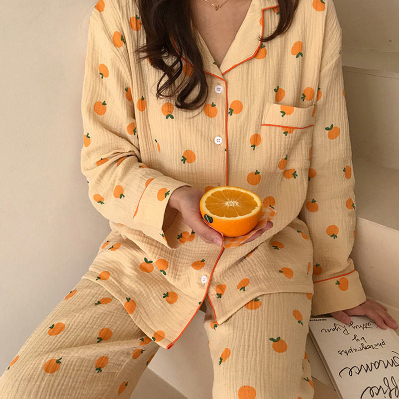 Cute Orange Fruit Print Summer Pajamas Set For Women Girls Short