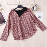 Plaid Blouse Asymmetrical Off Shoulder Shirt