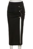 High Waist Pin Buckle Long Split Skirts