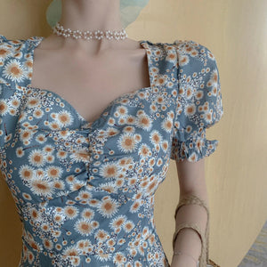 Puff Sleeve Flower Pattern Split Sexy Dress