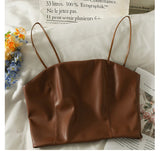 Sexy Leather Spaghetti Strap Cropped Tank Top