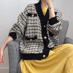 Knitted Plaid Cardigan Coat