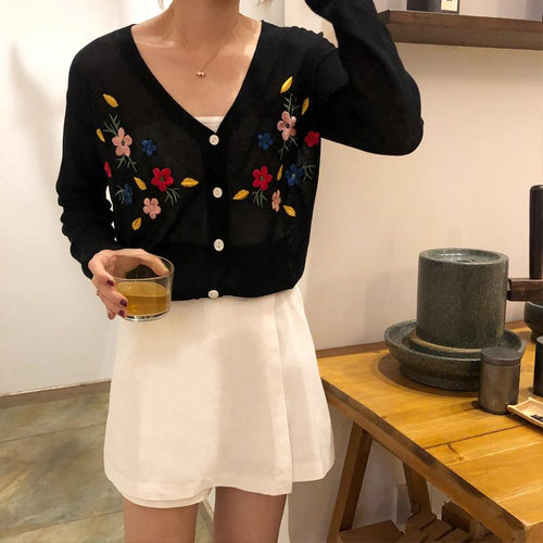 Vintage Flower Embroidery V Neck Cardigan Sweater