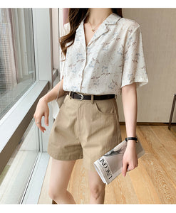 Floral Pattern Notched Collar Blouse Shirt