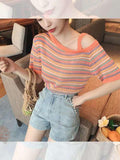 Rainbow Striped Skew Collar Off Shoulder Shirt