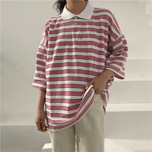 Vintage Stripes Loose Style Turn Down Collar Shirt