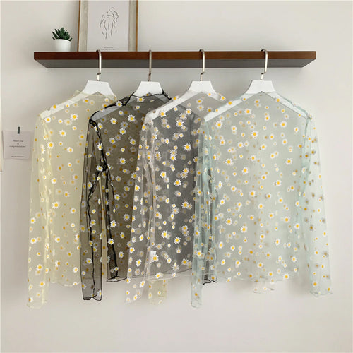 Long Sleeve Mesh Flower Pattern Blouse Shirt