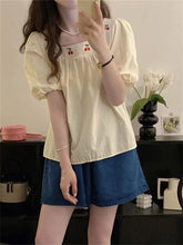 Cherries Embroidery Square Collar Blouse Shirt