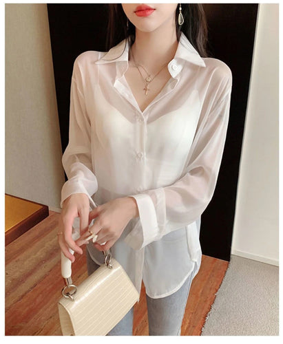 Loose Back Tie Transparent Blouse Shirt